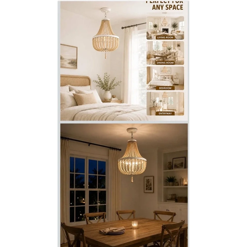 3-Light Wood Bead Chandelier Boho Light Fixture Antique Rustic Metal White Oak